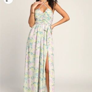 Lulus Effortlessly Abloom Green Multi Floral Ruched Halter Maxi Dress